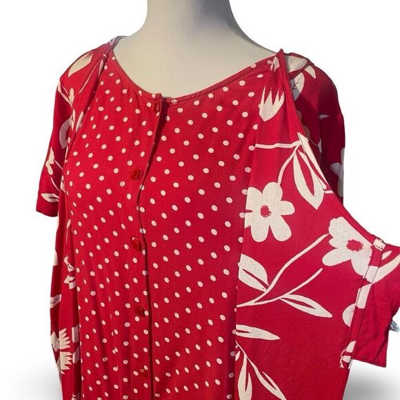 MARISOL Polka-Dot & Floral Dress, Layered Look, Retro Style, Red & White, Size L - Picture 3 of 9